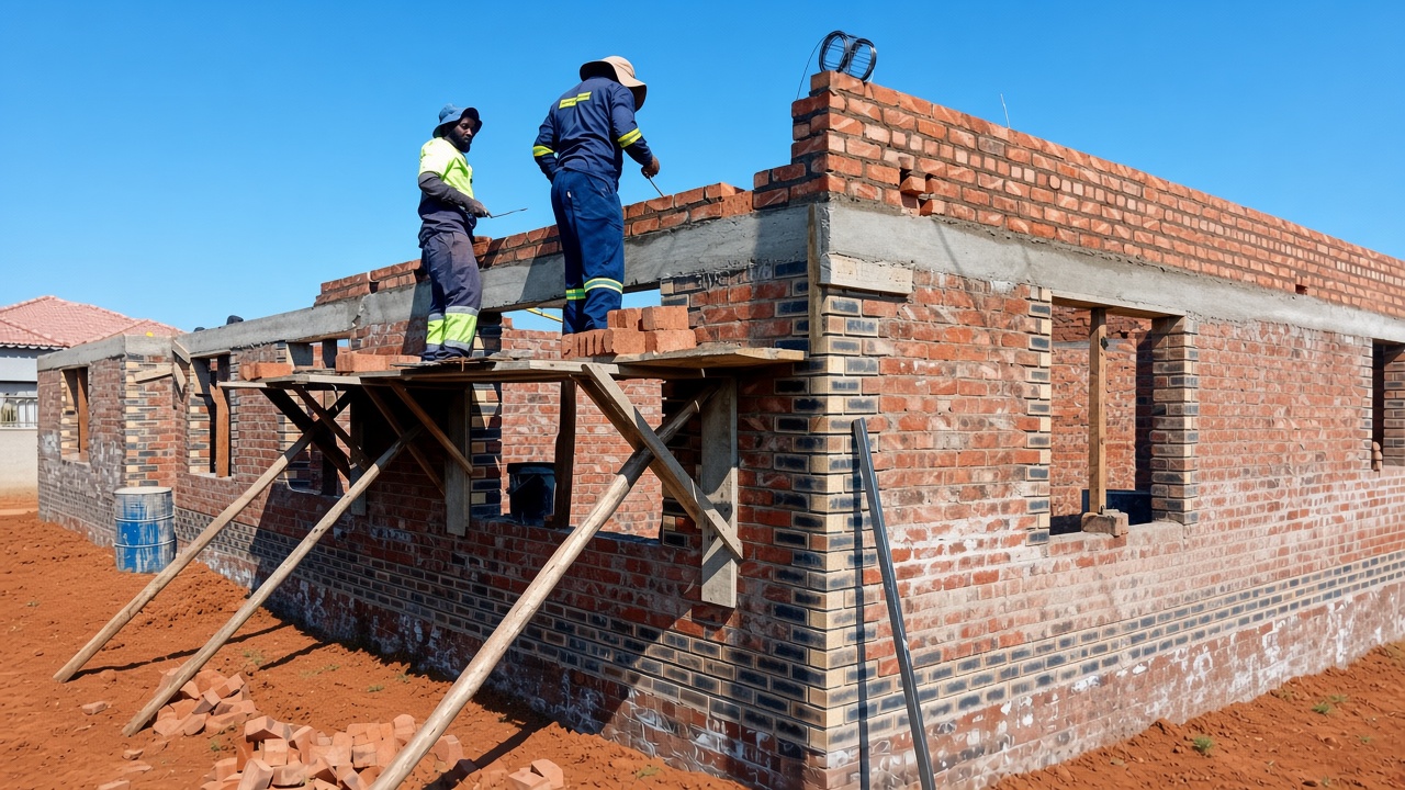 Bricklayers in navy overalls and a high-vis vest working from timber scaffold